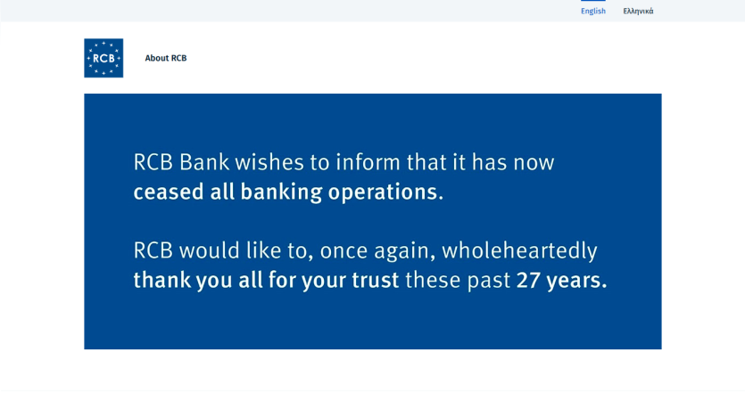 RCB Bank announces cessation of all banking operations and thanks customers for their trust.