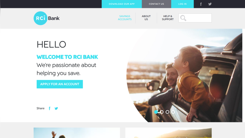 RCI Bank homepage with welcome message, navigation menu, and image of child leaning out of car window