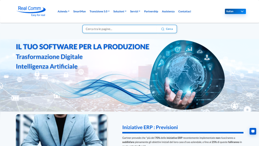 Homepage of a software company offering digital transformation and artificial intelligence solutions with ERP initiatives and forecasts.