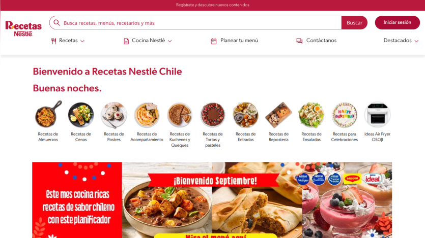 Welcome message and recipe categories on the Nestlé Chile website.
