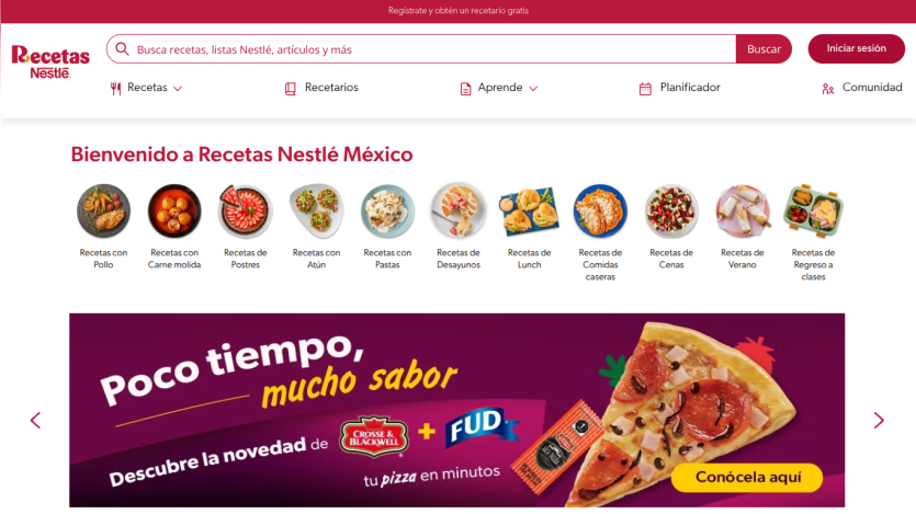 Welcome message for Recetas Nestlé México with recipe categories and promotional banner.