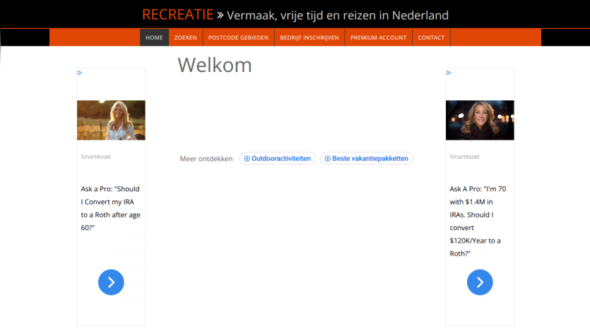 Website header with navigation and welcome text, featuring an image of a man working on a roof outdoors