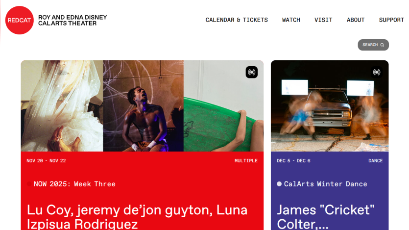 RED CAT theater homepage showing upcoming events including NOW 2025 Week Three and CalArts Winter Dance with dates and categories