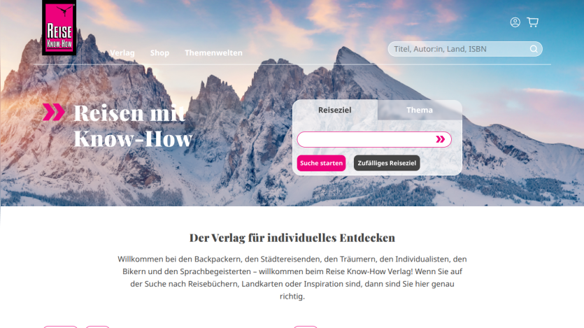 Travel publisher homepage with mountain background, search for travel destinations or themes, and welcome text for travelers