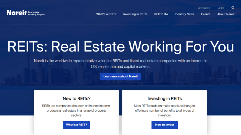 Nareit's homepage featuring REITs information and links to learn more.