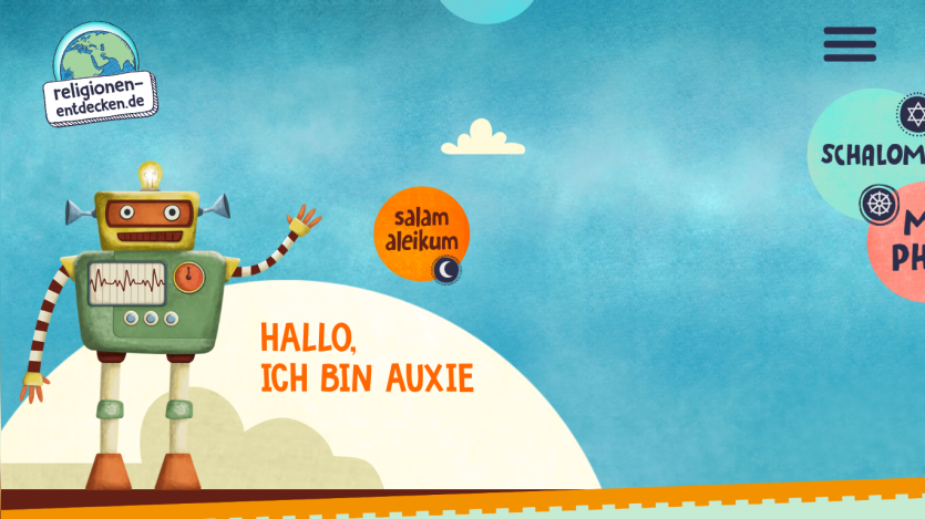 Website homepage with a friendly robot named Auxie introducing itself and greetings in different languages on a blue background