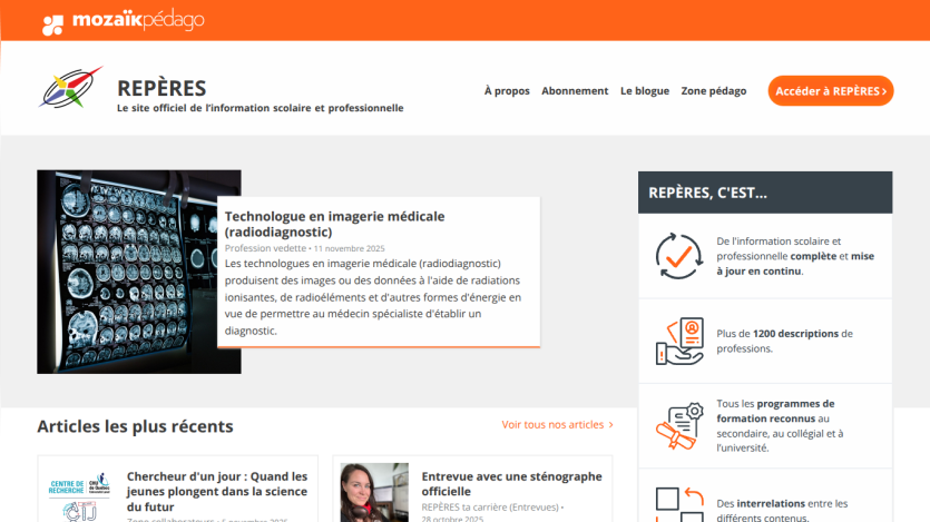 Official site REPÈRES providing updated school and professional information with recent articles and career descriptions