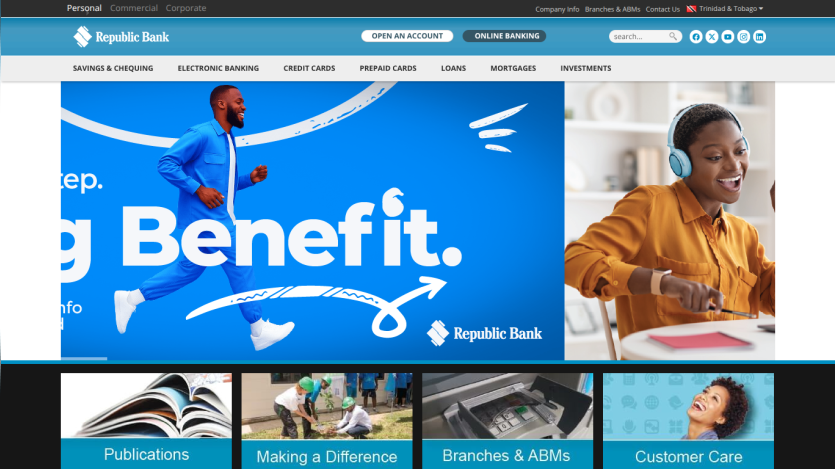 Republic Bank homepage with navigation menu, account options, and a smiling woman using a laptop in the hero section