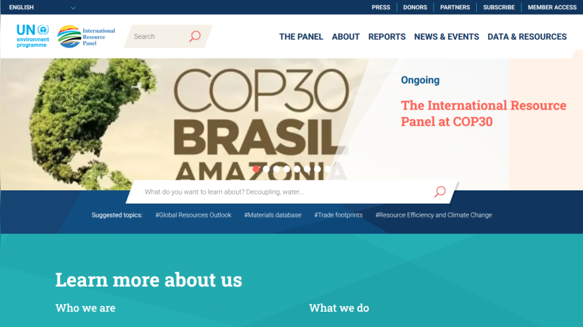 UN Environment Programme International Resource Panel homepage featuring COP30 Brasil Amazonia and search bar with suggested topics