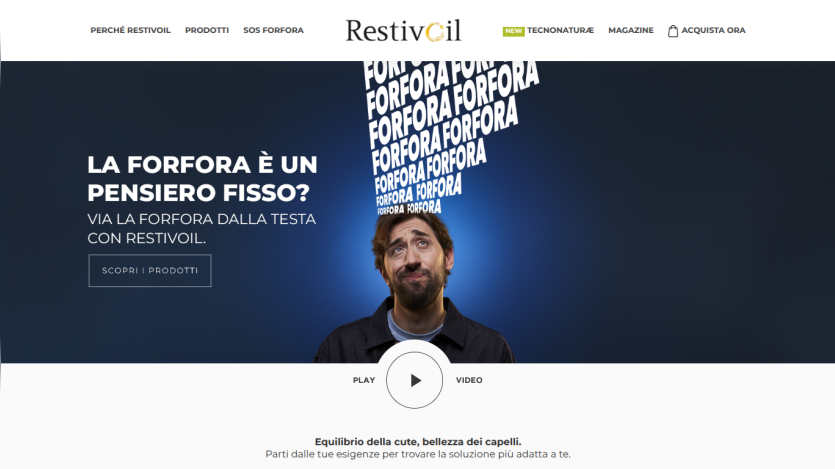 Restivoil homepage with navigation and hero section promoting dandruff treatment with a man and call to action button