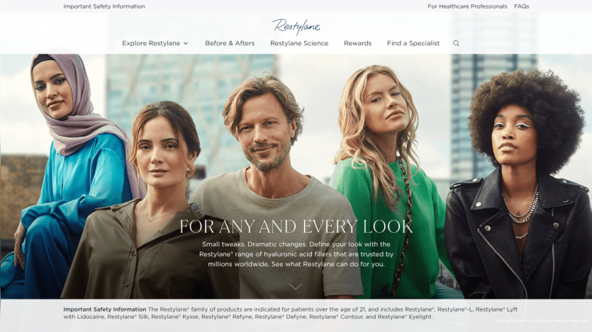 Restylane website hero with diverse group of five people and text about hyaluronic acid fillers