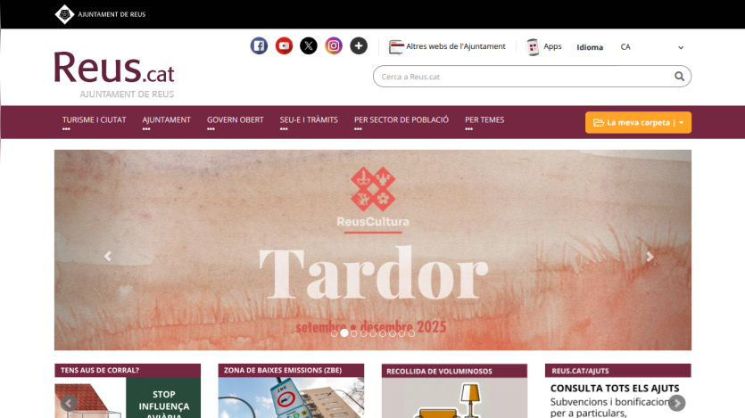 Reus.cat city website with navigation, search bar, social icons, and autumn cultural event banner