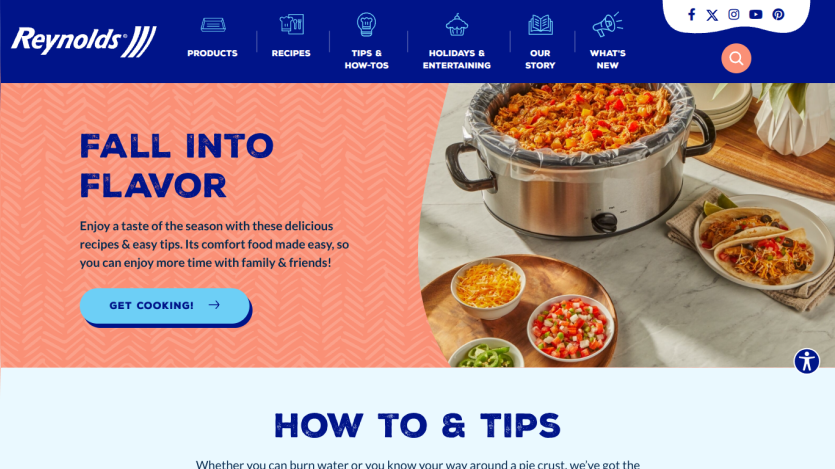 Reynolds website with fall recipes and cooking tips, featuring a slow cooker meal and call to action button