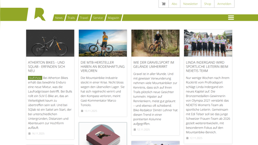 Website homepage featuring news articles on bikes, mountain biking industry, gravel sport, and a sports team leader update.
