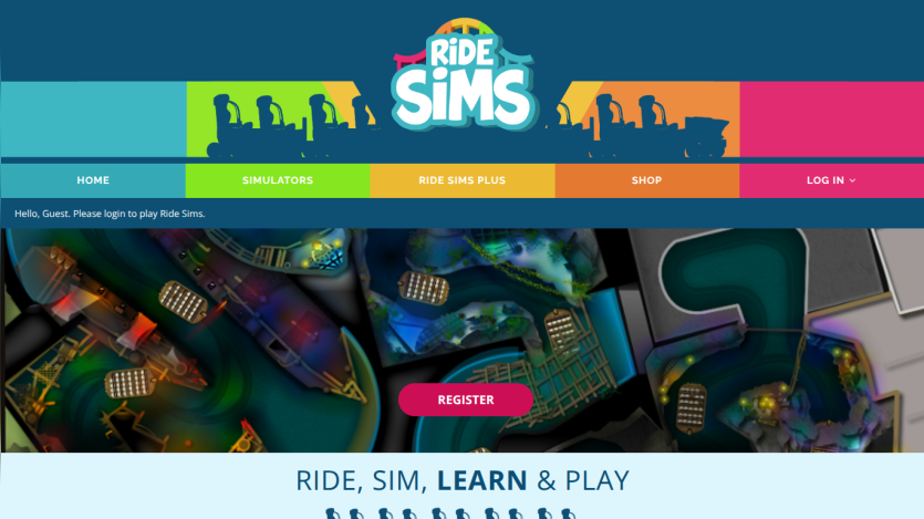 Ride Sims website homepage with navigation menu and a register button over a colorful amusement park map background