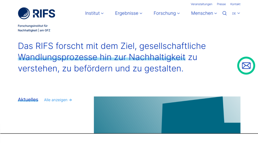 RIFS research institute homepage with navigation and mission statement on sustainability transformation processes