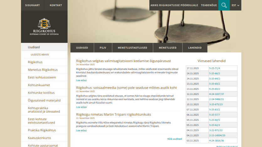 Supreme Court of Estonia website showing news articles and recent case decisions with navigation menu