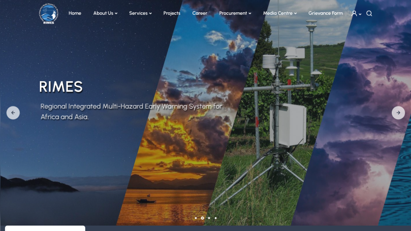 RIMES homepage with navigation menu and hero section highlighting Regional Integrated Multi-Hazard Early Warning System for Africa and Asia.