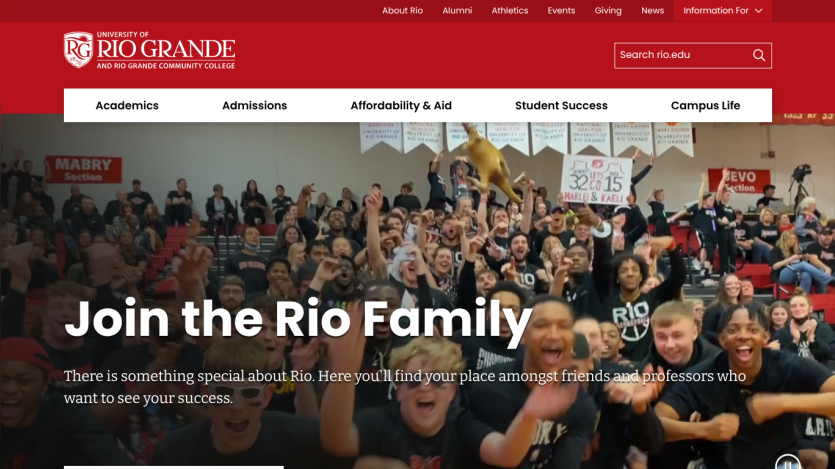 University of Rio Grande homepage with navigation, search, and sections on campus life, student support, and affordability