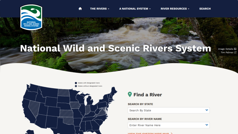 National Wild and Scenic Rivers System homepage with a river background, navigation menu, and river search by state or name.