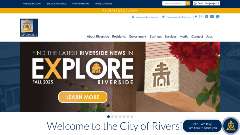 City of Riverside homepage featuring news and exploration options.