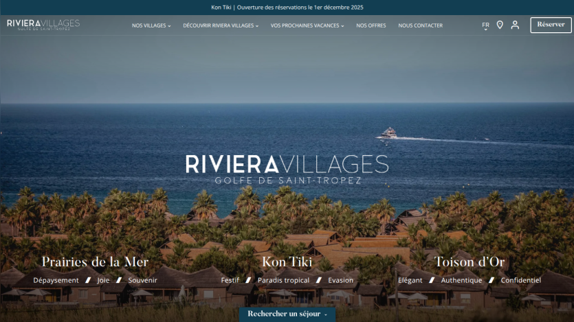Riviera Villages Golfe de Saint-Tropez website with ocean view, village names, and reservation options