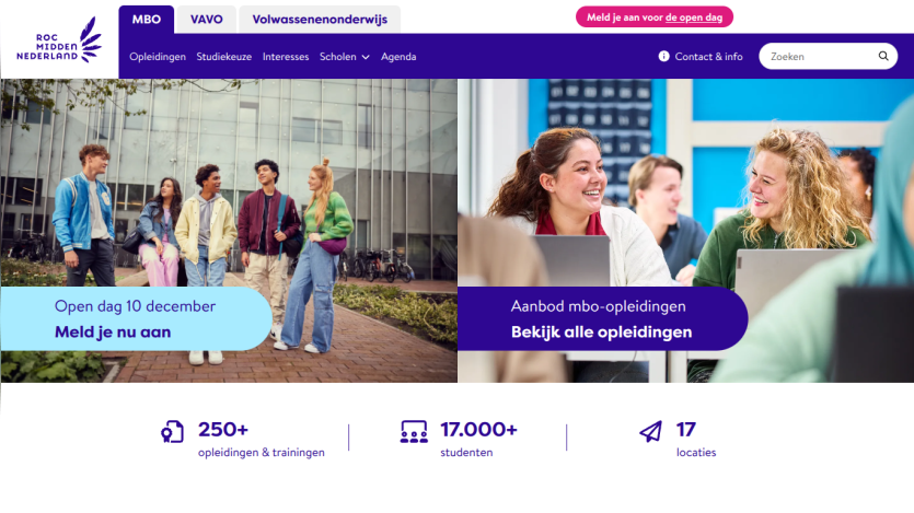 ROC Midden Nederland website showing open day registration and mbo education offerings with student statistics
