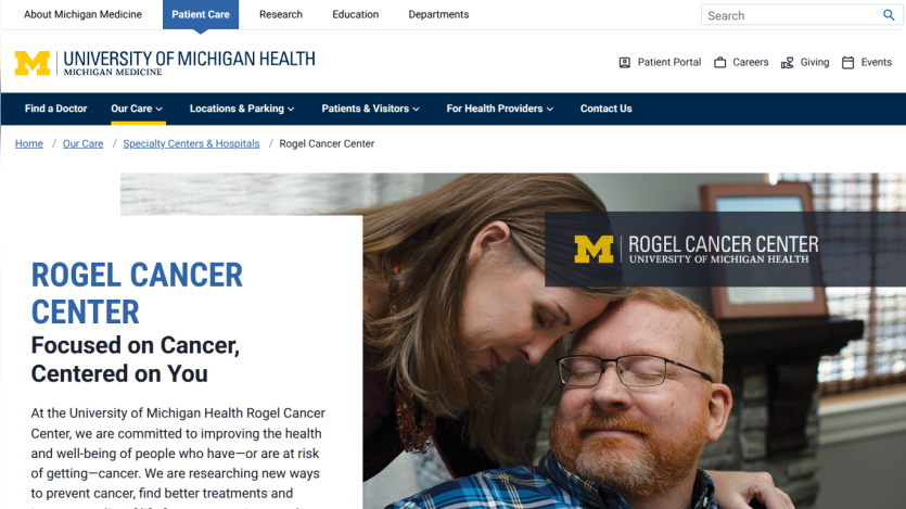 University of Michigan Health Rogel Cancer Center focused on cancer care and research with patient image