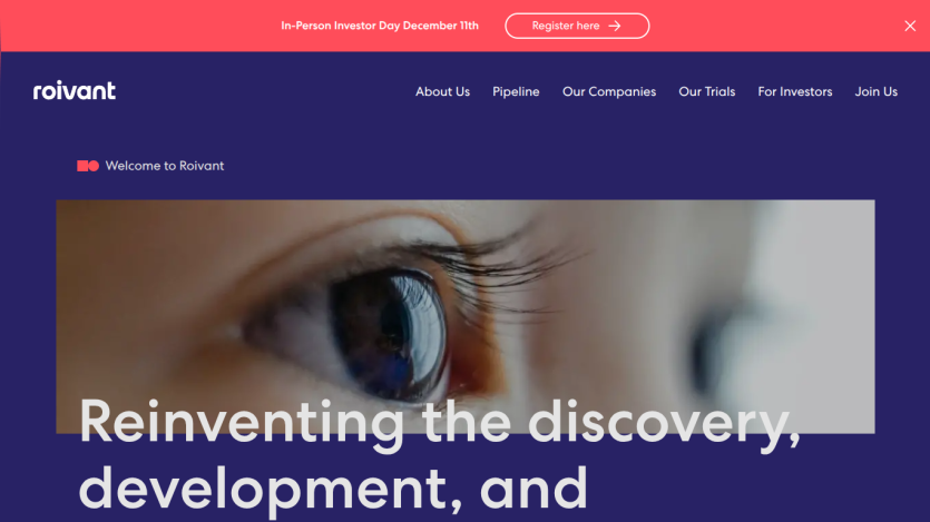 Roivant homepage with navigation links and headline Reinventing the discovery, development, and
