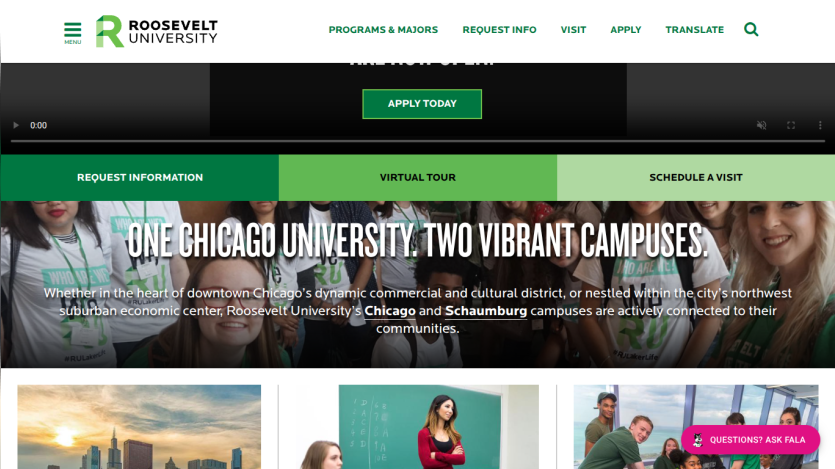 Roosevelt University homepage featuring a call to action to apply and a tagline about its campuses.