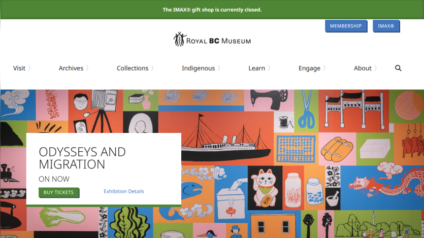 Royal BC Museum homepage featuring 'Odysseys and Migration' exhibition with buy tickets and details links