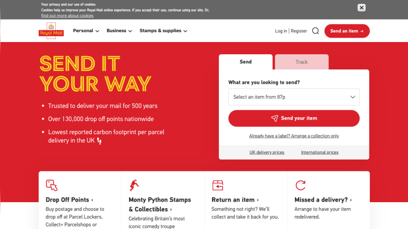 Main page features a prominent call to action for tracking items and service details.