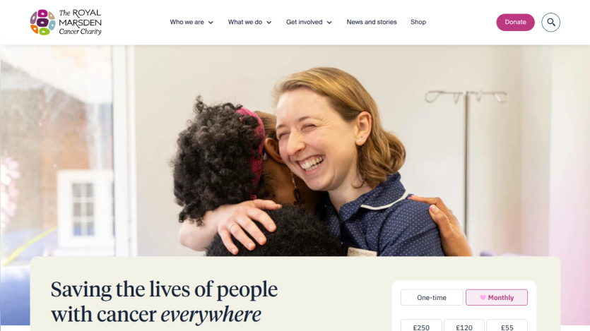 Cancer charity homepage with smiling nurse hugging patient and donation options for one-time or monthly gifts