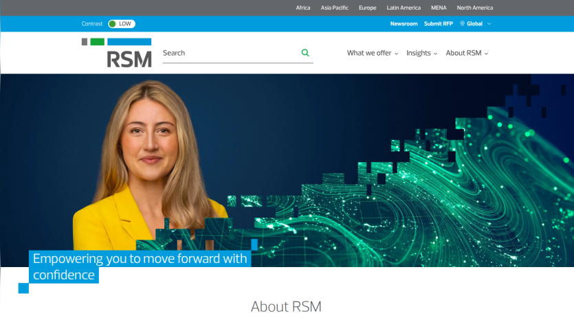 RSM website featuring a woman in a yellow top and a tagline about moving forward with confidence.