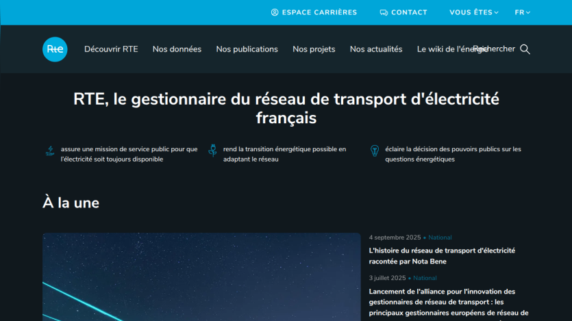 RTE website showcasing French electricity transport management with key news highlights.