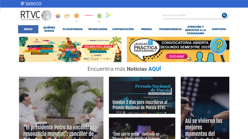 RTVC news website header with navigation menu, banner ad, and featured news articles in Spanish