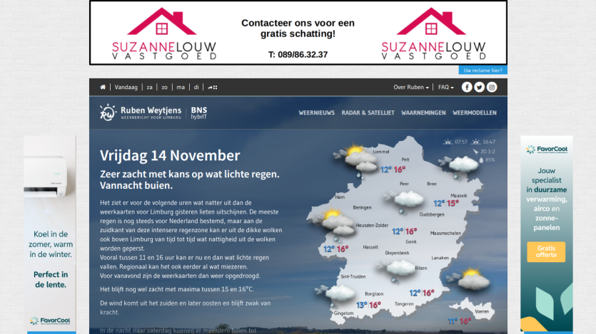 Weather forecast for Friday 14 November in Belgium with map and temperature details, header with navigation and contact info