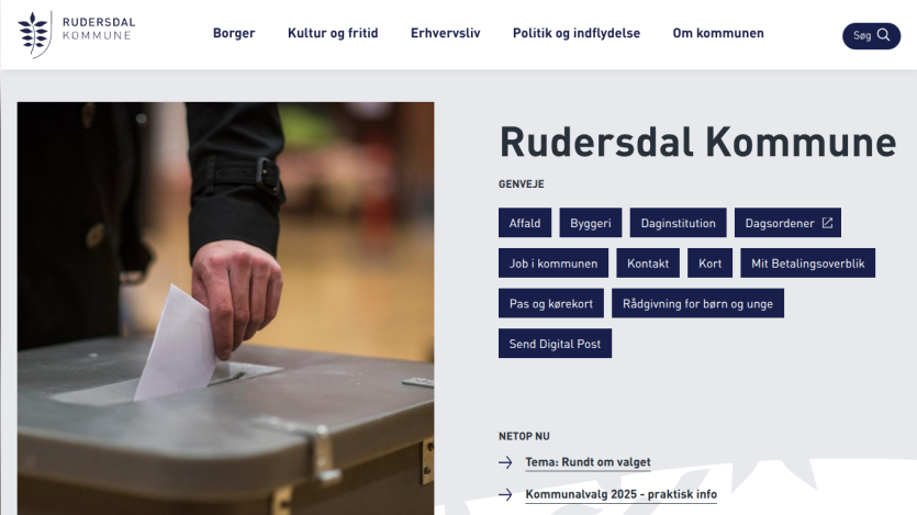 Rudersdal Kommune website with navigation menu, hero image of hand placing paper in ballot box, and quick links for municipal services