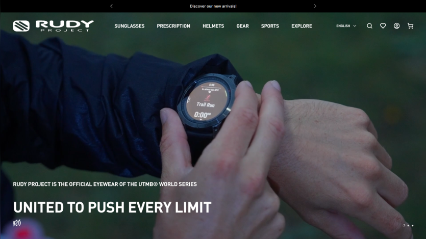 Rudy Project homepage featuring UTMB partnership and official eyewear branding with navigation menu