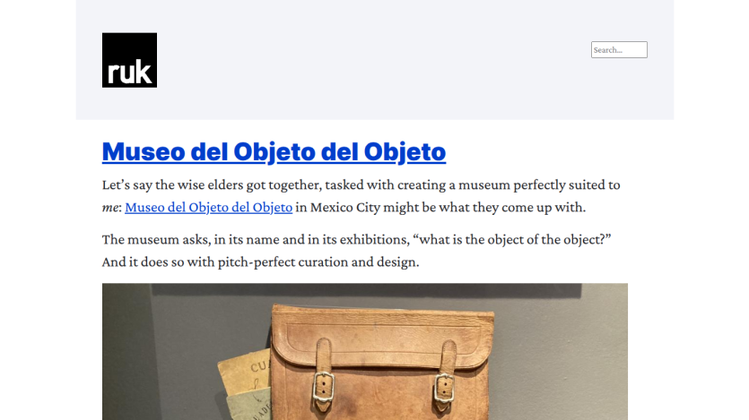 Article about Museo del Objeto del Objeto museum in Mexico City with descriptive text and image of a leather satchel