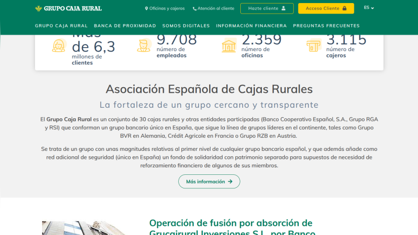 Homepage of Asociación Española de Cajas Rurales with key statistics and mission statement.