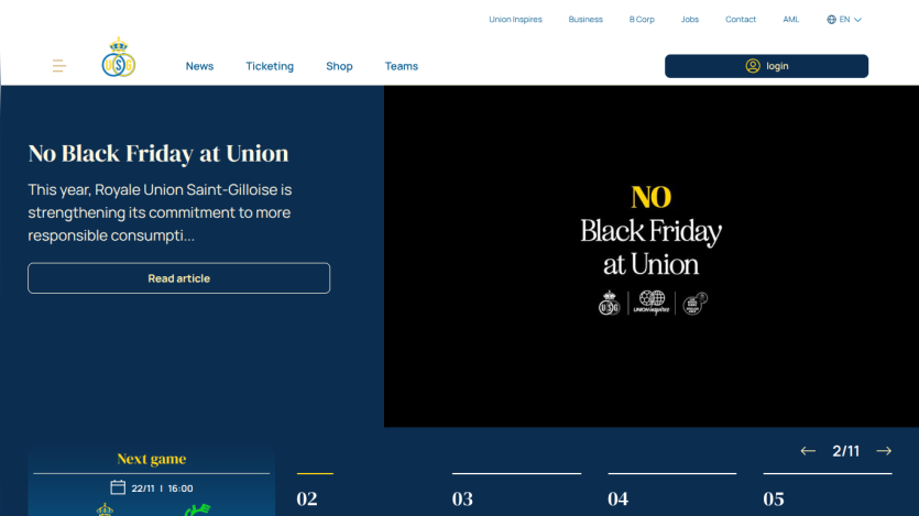 Royale Union Saint-Gilloise website highlights no Black Friday commitment and next game details