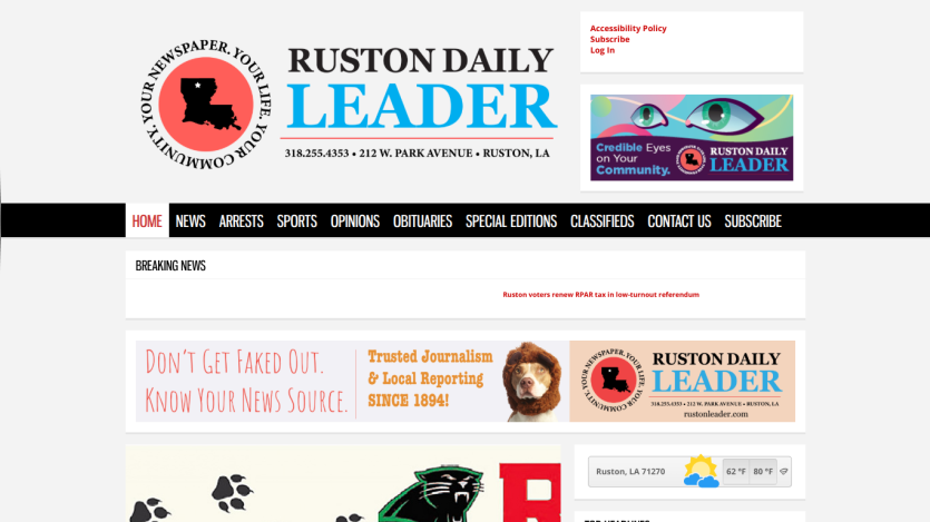 Ruston Daily Leader newspaper homepage with navigation, breaking news, weather, and local reporting banner