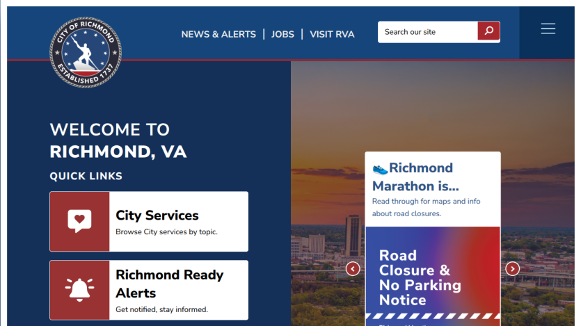Richmond, VA city website homepage with quick links to City Services and Alerts, and notices about Richmond Marathon and road closures.