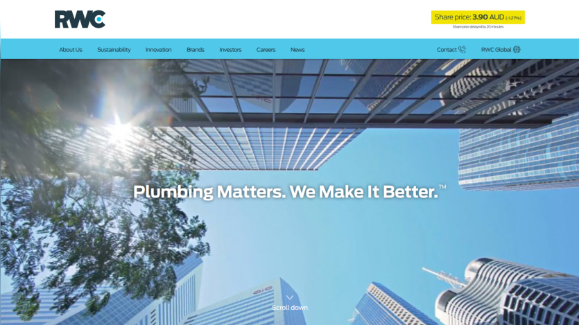 RWC website header with navigation and hero text 'Plumbing Matters. We Make It Better.' over city skyscraper background.