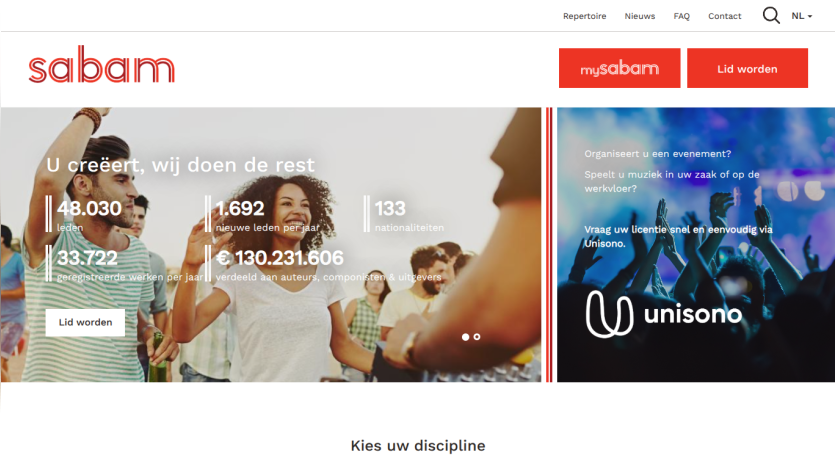 Sabam website hero with membership stats and call to action to join, plus Unisono license info for event organizers and music players