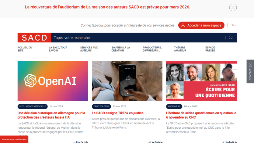 SACD homepage with news articles on AI protection in Germany, TikTok legal action, and a CNC-SACD writing event in Paris.