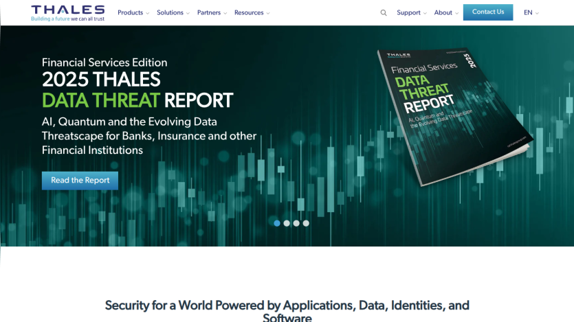 2025 Thales Data Threat Report cover with a call to action to read the report.