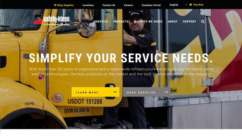 Safety-Kleen homepage with navigation and hero section promoting service needs and product offerings