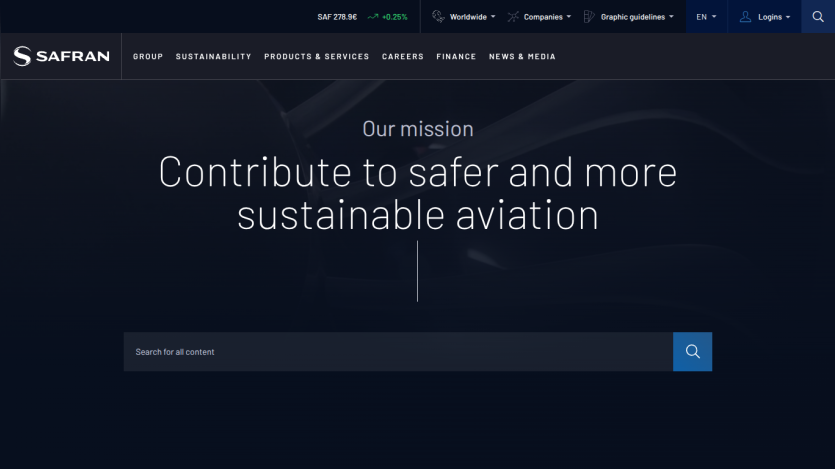 Mission statement about safer and sustainable aviation with a search bar.